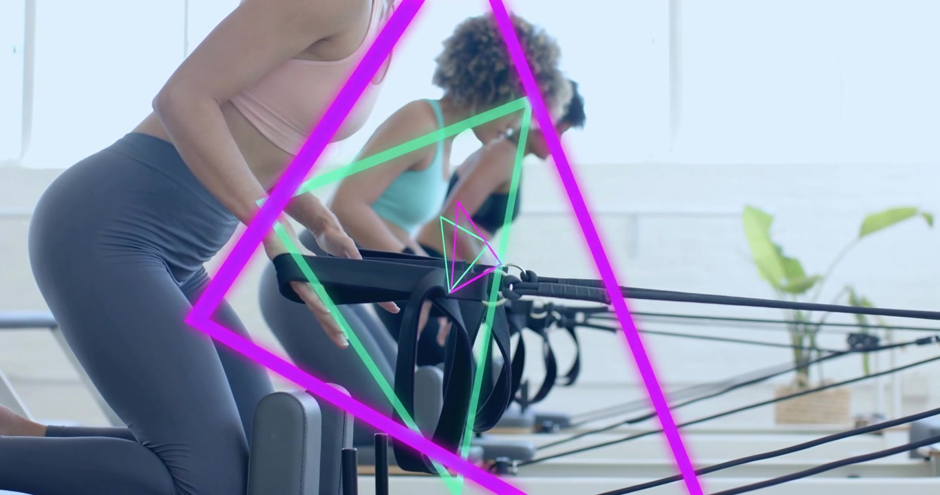 Female participant gripping straps, pulling carriage in Pilates, overlays rotating engaging glutes