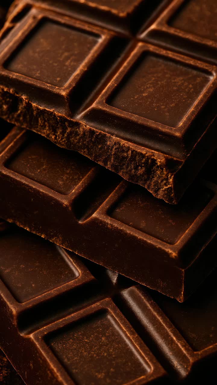 Close-up, angled shot of stacked dark chocolate bars, highlighting texture and richness