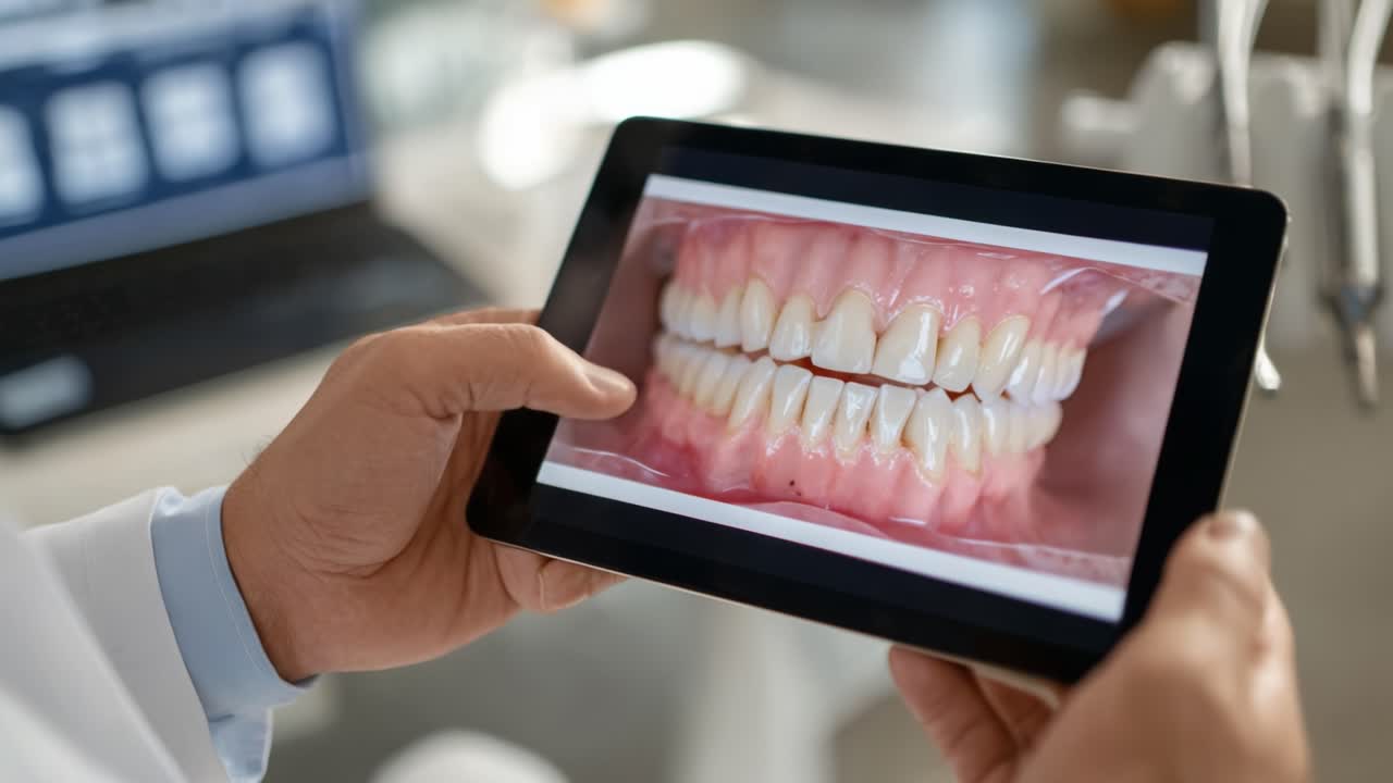 A Dentist Reviews Patient's Oral Health Using Tablet Display of Dental Imaging, Showcasing Before and After Comparison of Teeth Alignment and Condition