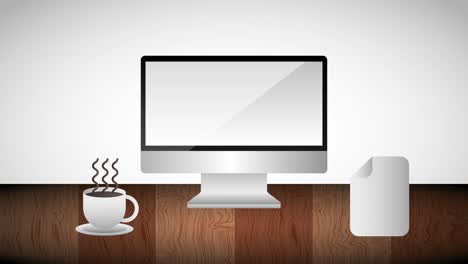 monitor de computadora taza de café caliente y papel en la mesa de madera