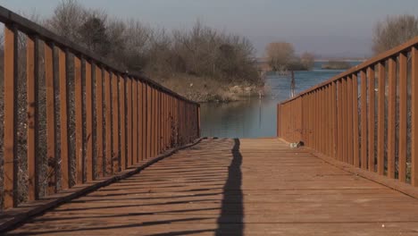 wooden pier sits empty on beautiful breezy day at the river bank, calmness concpet