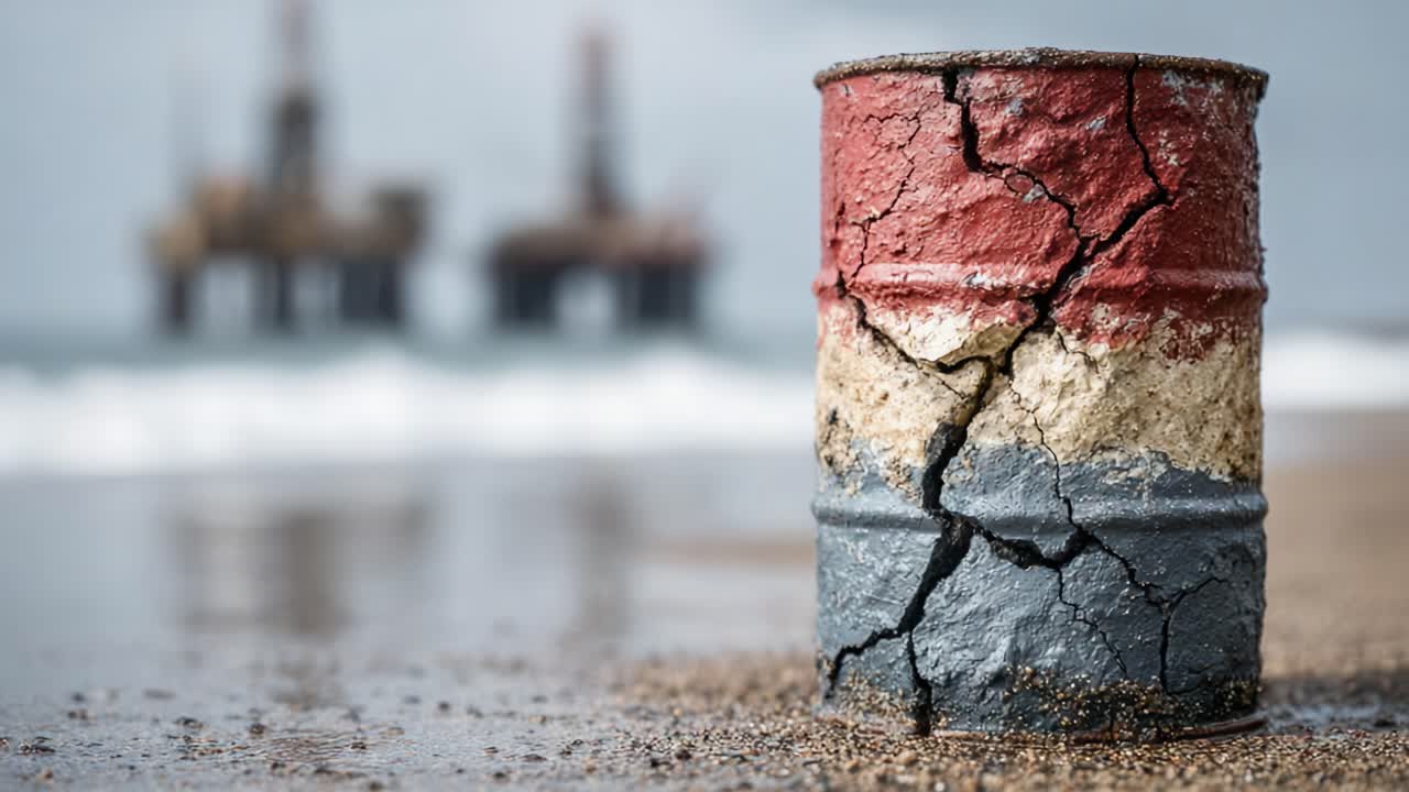 Barile di Petrolio Consumato sulla Costa con Piattaforme di Perforazione Offshore sullo Sfondo, Evidenziando le Preoccupazioni Ambientali e l'Impatto Industriale sugli Ecosistemi Marini
