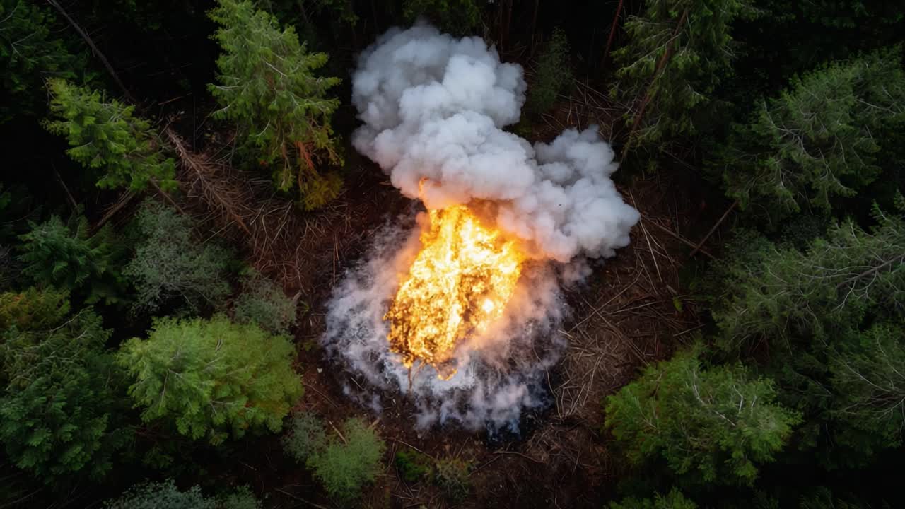 Dramatic Aerial View of a Fiery Explosion Surrounded by Lush Green Forests Captured from Above, Creating a Stunning Contrast Between Flames and Nature