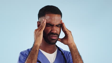 headache, nurse and man with stress