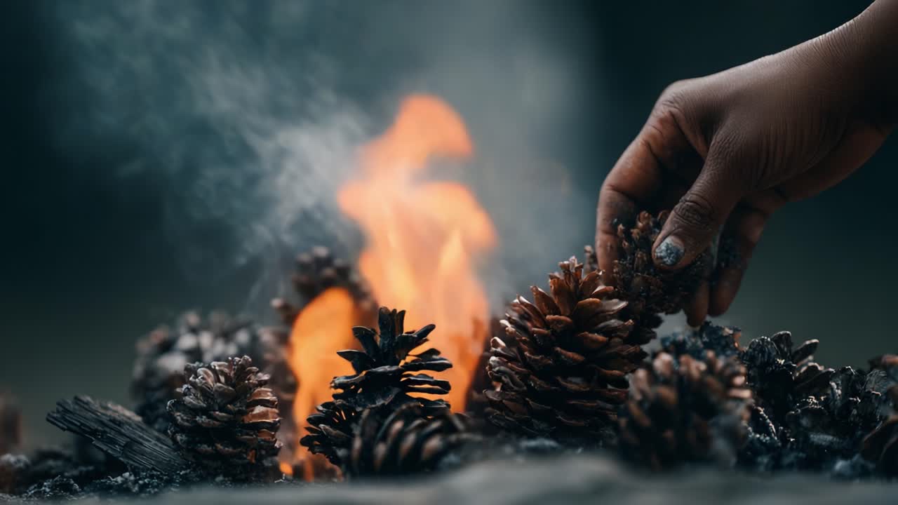 Et fængslende syn af brændende fyrrekogler: Oplev naturens forvandling, når håndfulde af fyrrekogler giver brændstof til en fascinerende flamme, der forener skønhed og elementær kraft
