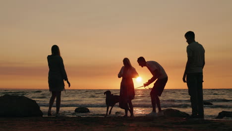 silhouettes of people and a dog on a beach at sunset