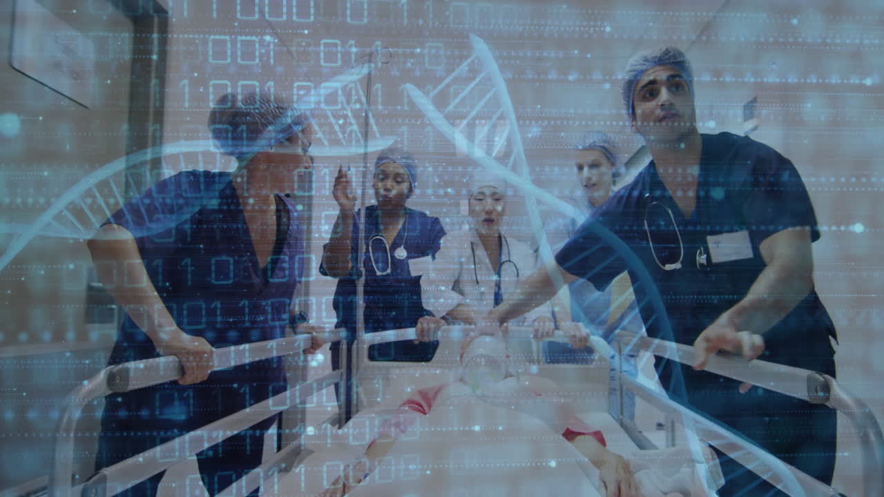 Animation of data processing and dna strands over diverse doctors working in hospital