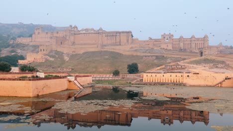 Amer-Fort-is-a-fort-located-in-Amer,-Rajasthan,-India.-Located-high-on-a-hill,-it-is-the-principal-tourist-attraction-in-Jaipur.