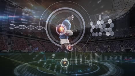 animación de la cadena de adn y procesamiento de datos sobre un jugador de rugby en un estadio deportivo