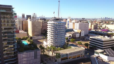 Aerial-Of-The-Capitol-Records-Building-Landmark-And-Downtown-Hollywood-California-1