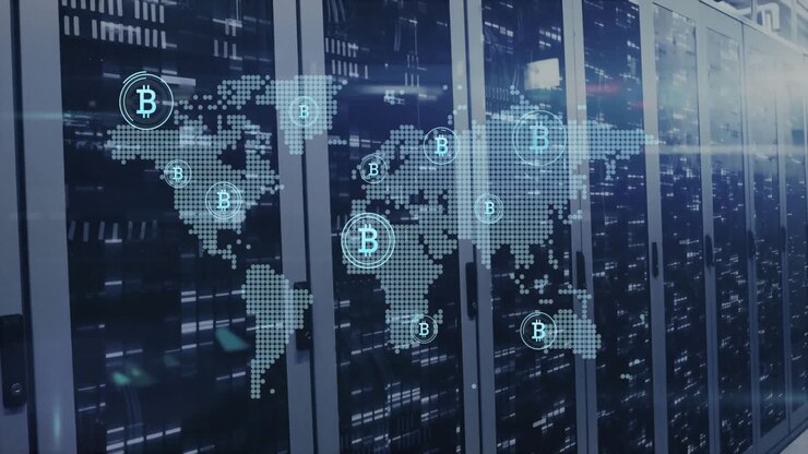 Upon camera fixing on server racks Bitcoin icons fading and pulsing worldwide with flare display