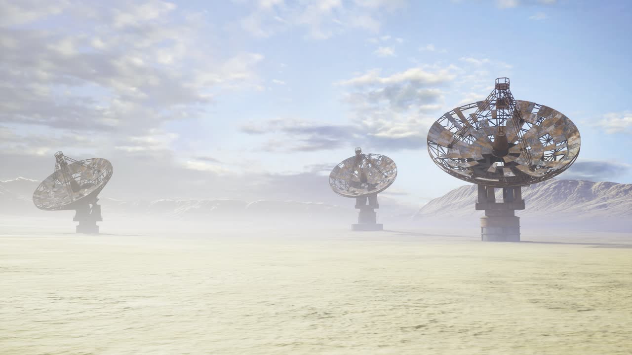 Distant radio dishes in foggy landscape evoke science and surveillance