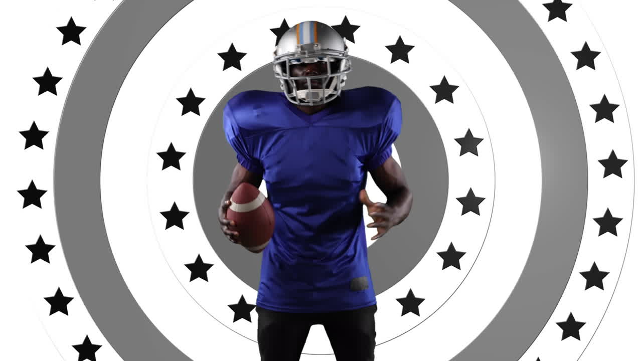 jugador de rugby afroamericano que sostiene una pelota contra las estrellas en círculos giratorios