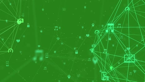 Animation-of-network-of-connections-with-icons-on-green-background