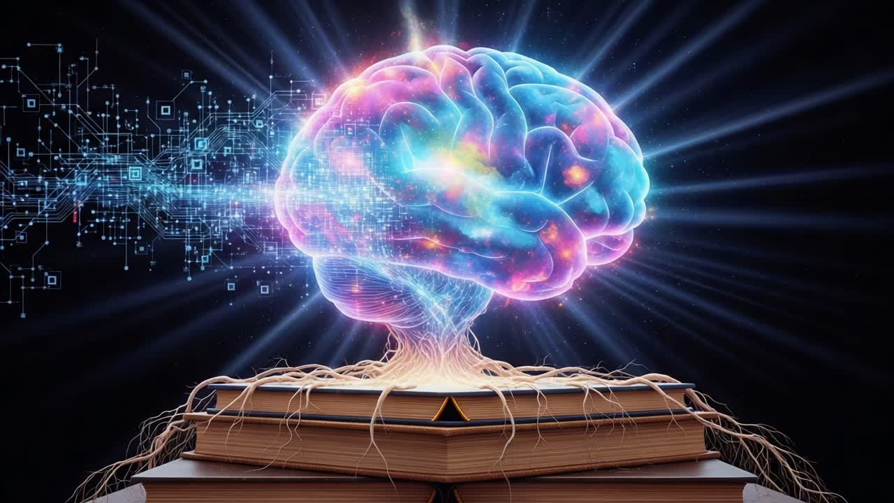 An Ethereal Fusion of Knowledge and Technology: A Vibrant Brain Emerges from a Book, Representing the Intersection of Information and Innovation in a Dazzling Display