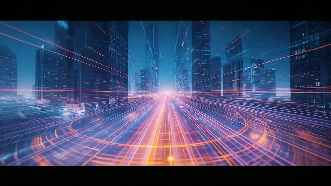 Neon light trails and translucent grid converging in digital corridor, circular glow bands pulsing