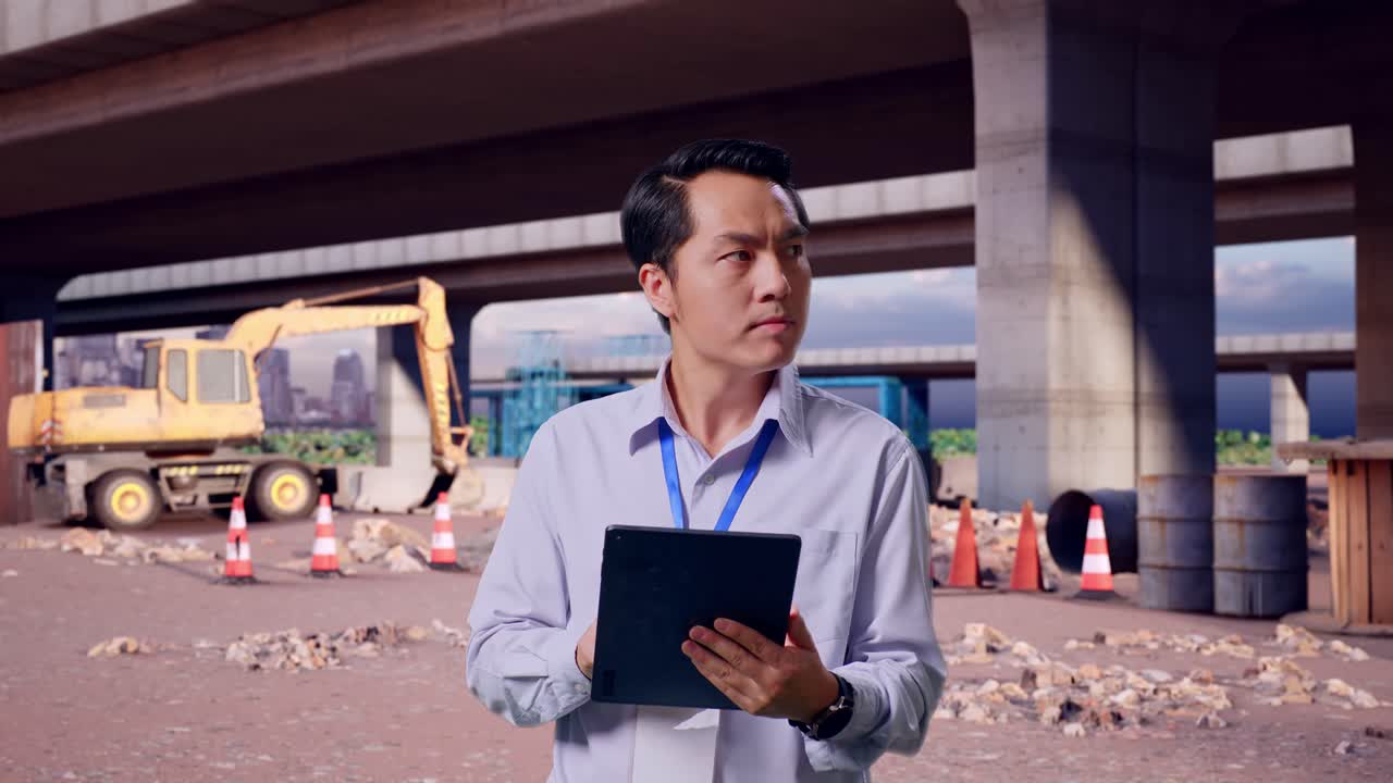 Asian Male Professional Worker Standing With His Tablet At The Site of Highway Construction, He Observes By Looking Around Before He Come To Concentrating With His Tablet