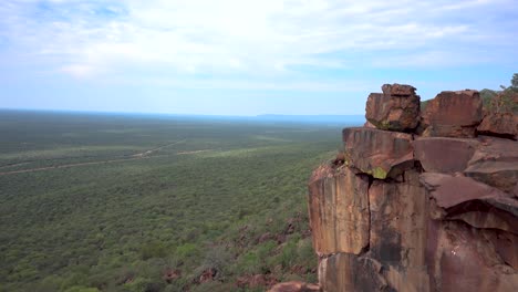 static wideshot of african vegetation with rock formation in foreground