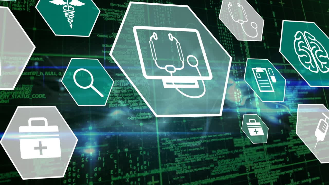 Animation of scientific icons in hexagons and data processing over black digital space