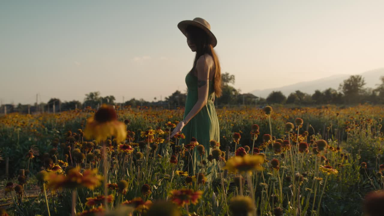 Woman walking through a vibrant flower field at sunset