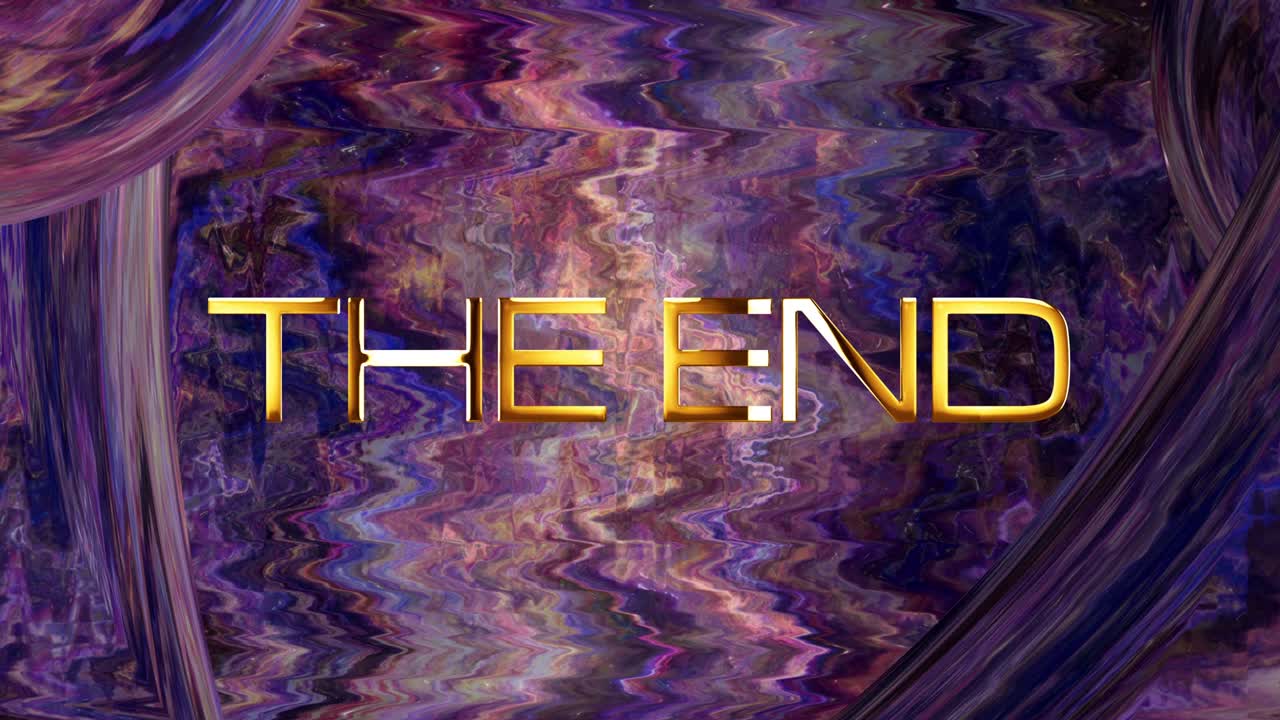 The End cinematic trailer title. The end golden text with abstract science technology, grunge Sci-Fi energy frame background concept. 4K 3D seamless loop Ending cover for title trailer.