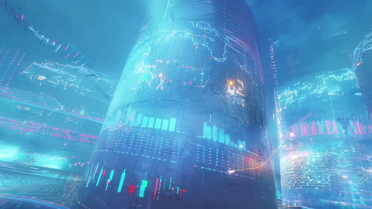 Futuristic video of digital stock market charts, low-angle view, vibrant neon colors