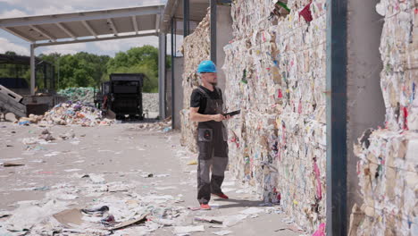 Worker-inspects-bales-of-paper-at-outdoor-recycling-plant,-wide-slomo