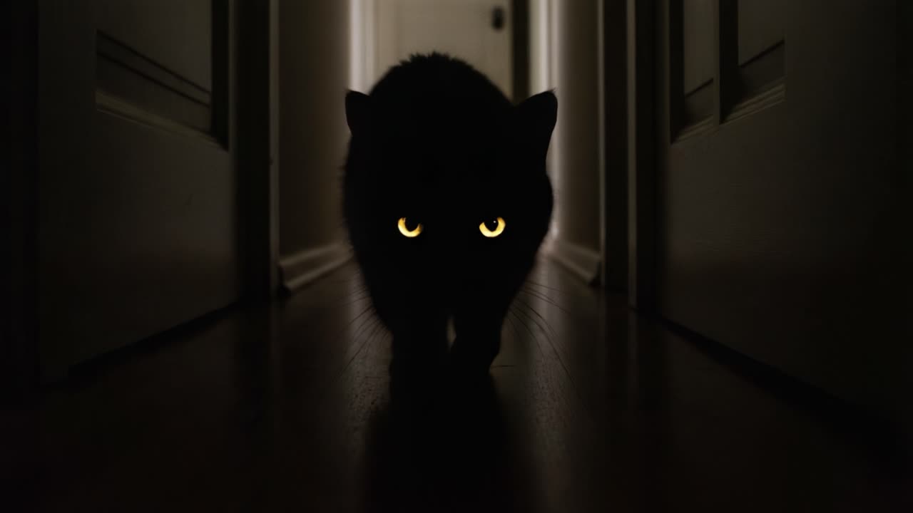 A Mysterious Black Cat with Striking Yellow Eyes Stalks Through a Dimly Lit Hallway, Exuding an Air of Intrigue and Enigma in This Captivating Moment