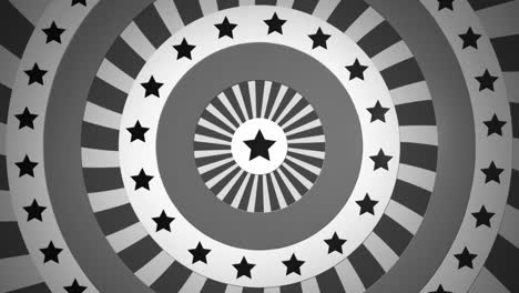 animación de círculos monocromáticos en blanco y negro que giran con estrellas y rayas de la bandera estadounidense