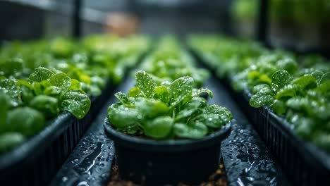 rows of healthy seedlings in an indoor farm