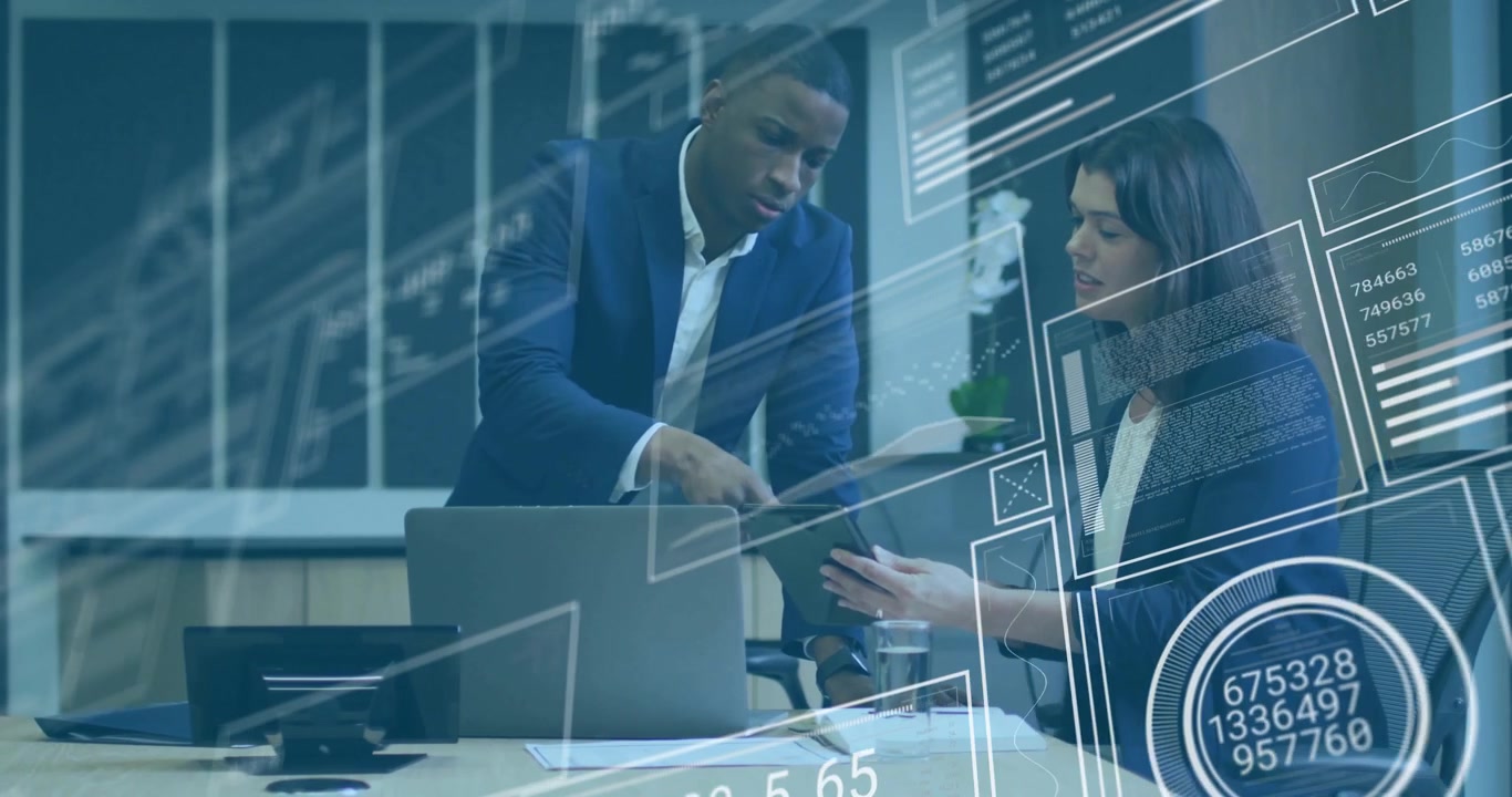 As panels appear business team adjusting tablet tapping reviewing animated charts in meeting