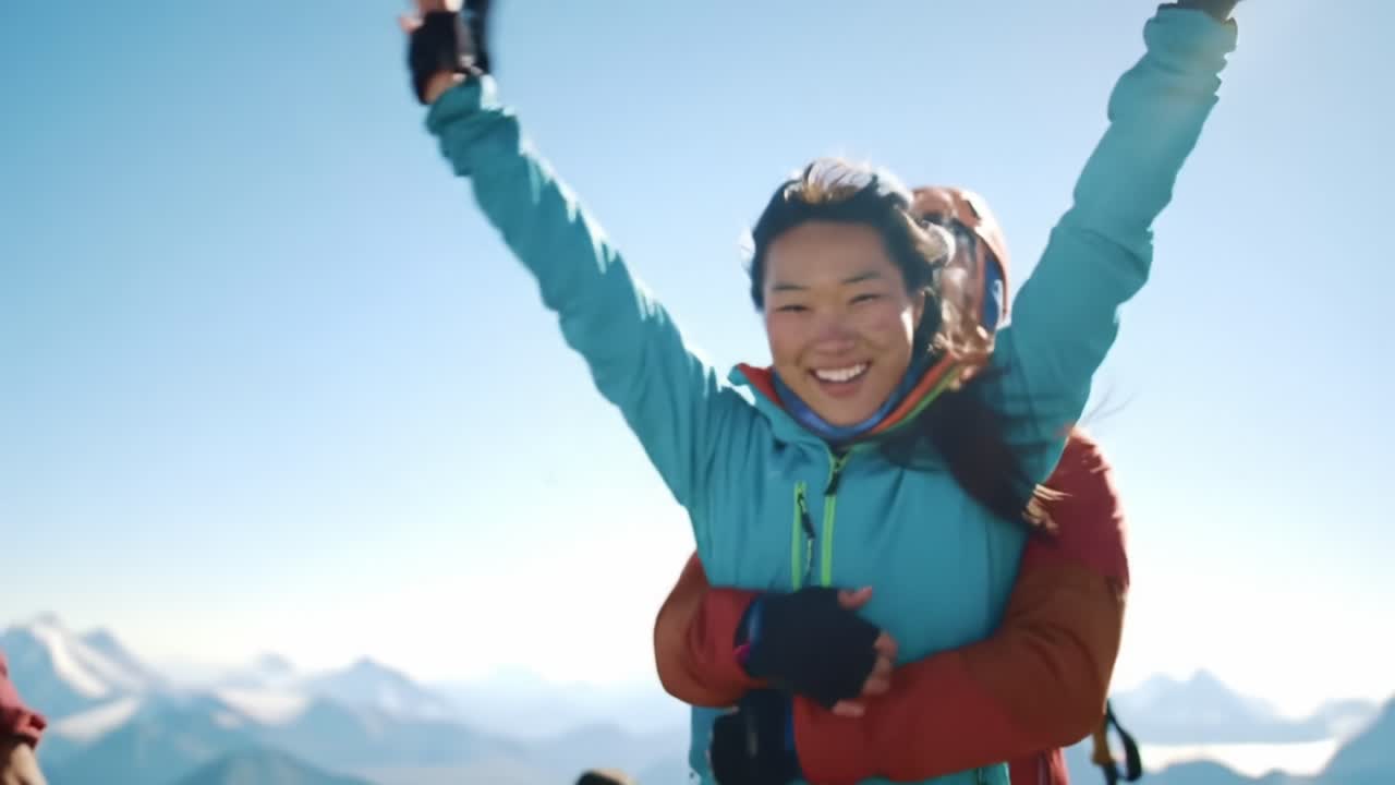 Joyful Mountain Climbers Celebrate at the Summit With Breathtaking Views in the Background