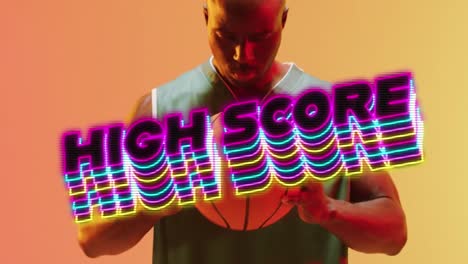 animación del texto de puntaje alto sobre el jugador de baloncesto sobre fondo de neón