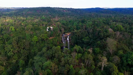 Aerial drone at sunset of Pakse bolaven plateau Laos scenic tallest waterfall famous motorcycle loop travel destination