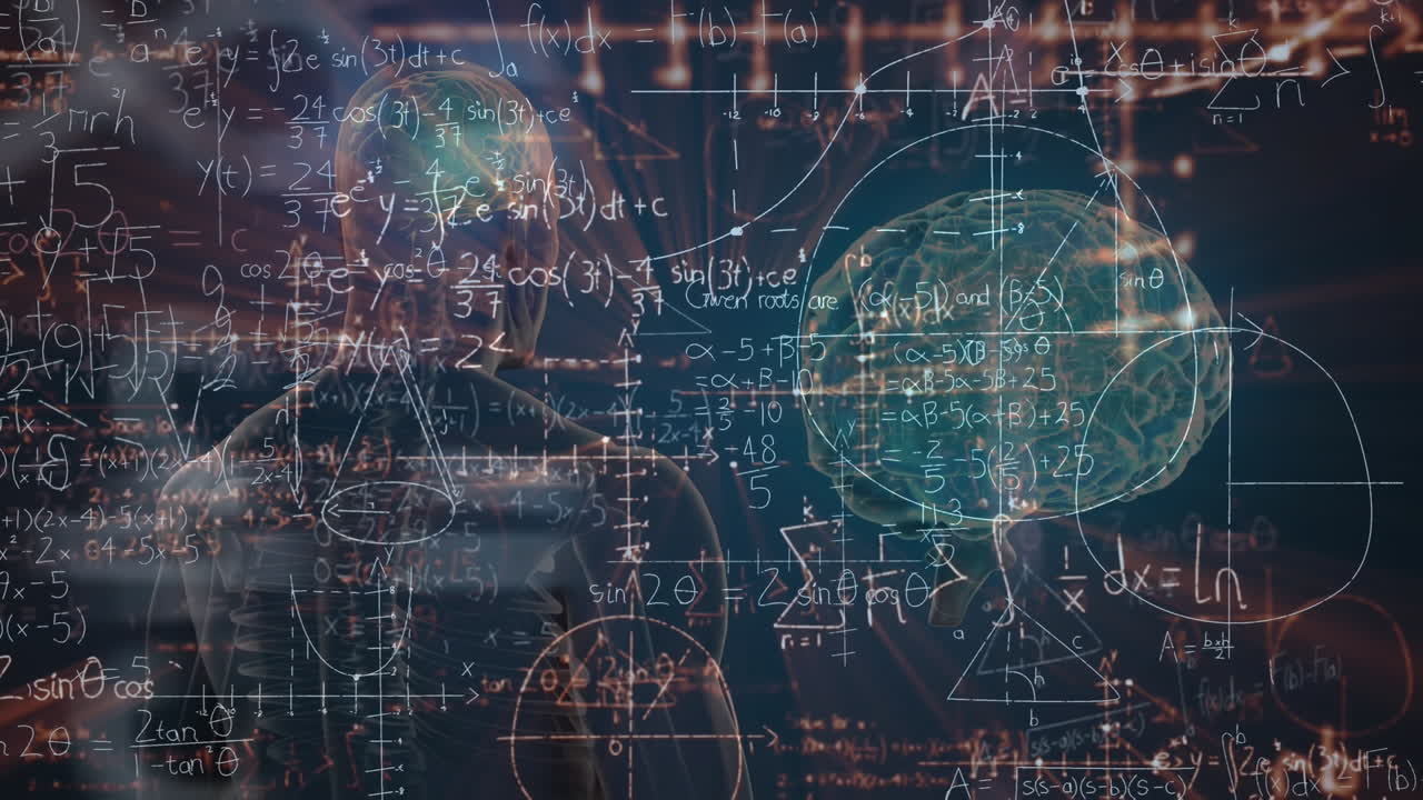 Animation of mathematical equations over digital brain and human body on black background