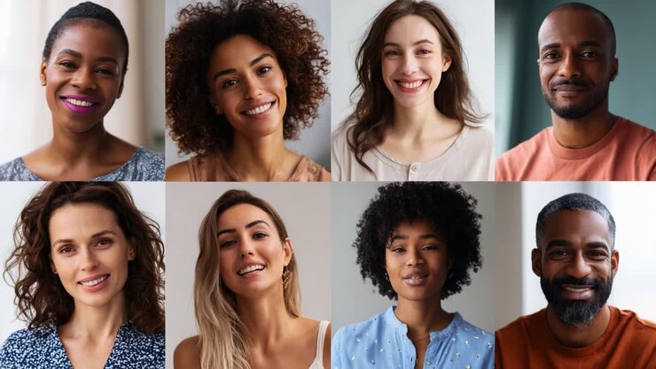 Un gruppo eterogeneo di persone sorridenti che rappresentano gioia, sicurezza e autenticità in espressioni accattivanti di felicità e connessione