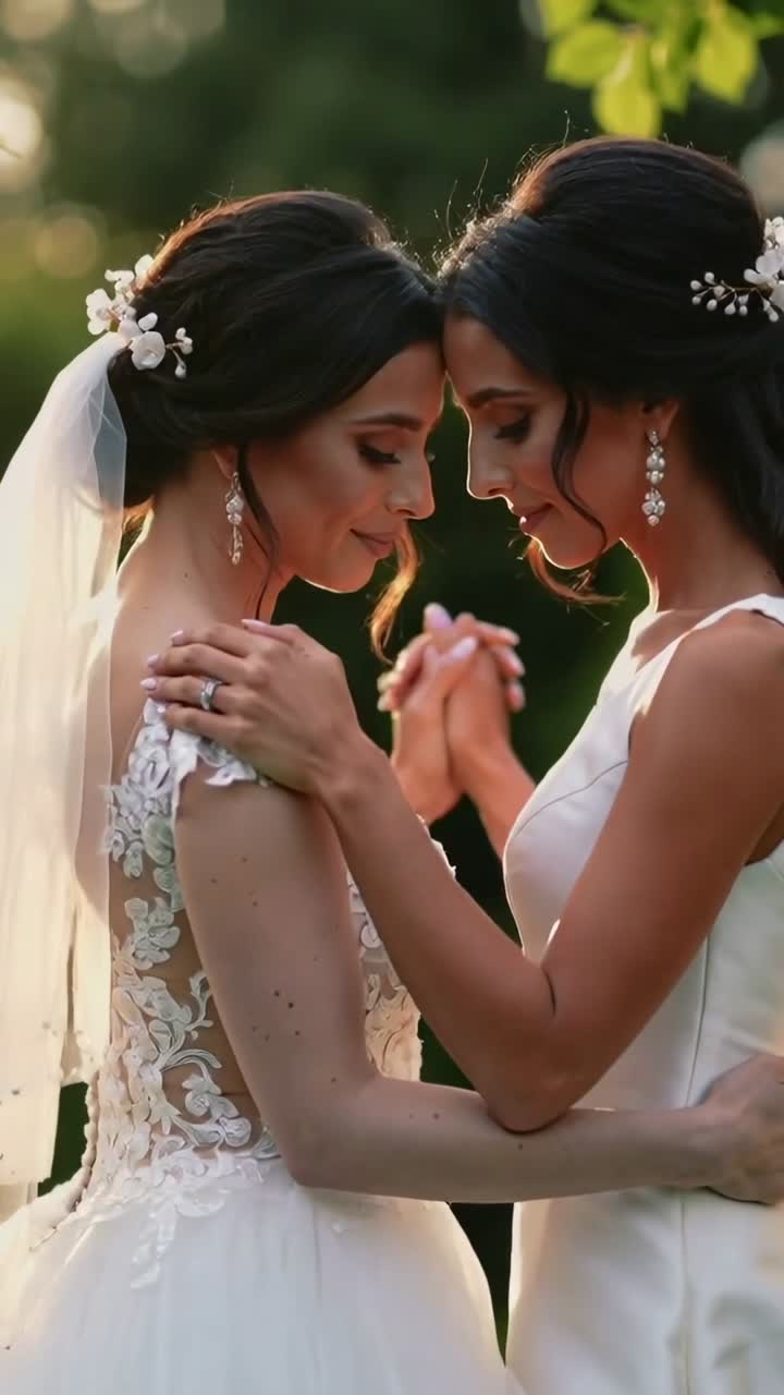 Dos novias abrazándose tiernamente en un entorno romántico al aire libre
