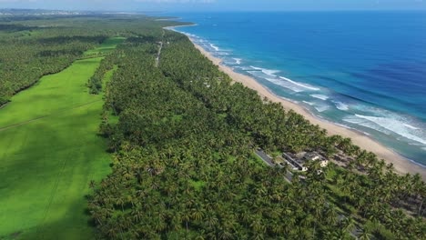 aerial shot of the entrance to nagua, featuring the lively street scene with the beach and crashing waves on the right, capturing the essence of this beautiful tropical coastal paradise.