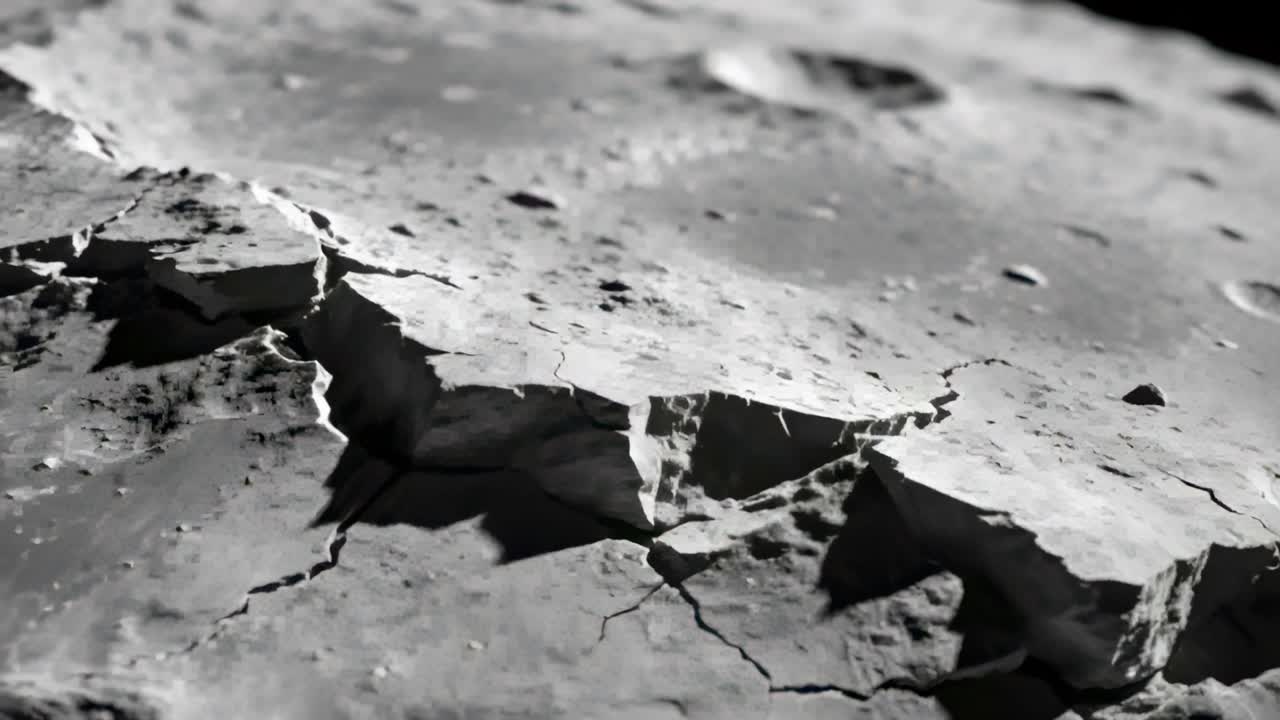 Pulling back camera revealing fractured lunar ridge and branching fissures on Moon to show craters