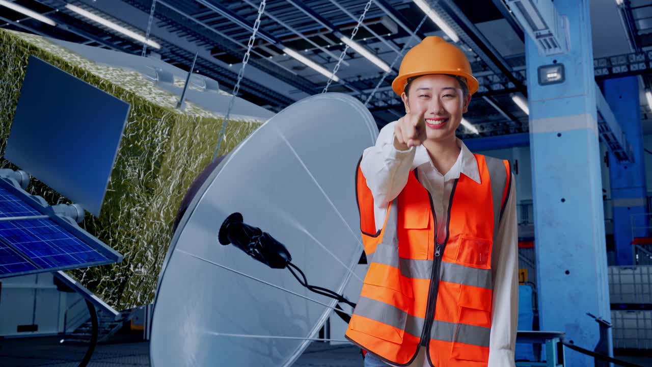 여성 엔지니어가 위성 공장에서 카메라를 가리키고 있습니다.