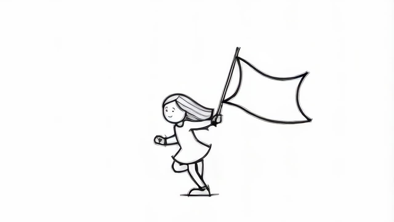 Animação de Arte Linear de uma Menina Correndo com uma Bandeira
