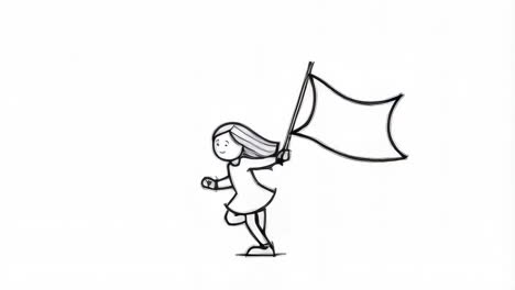 line art animation of a girl running with a flag