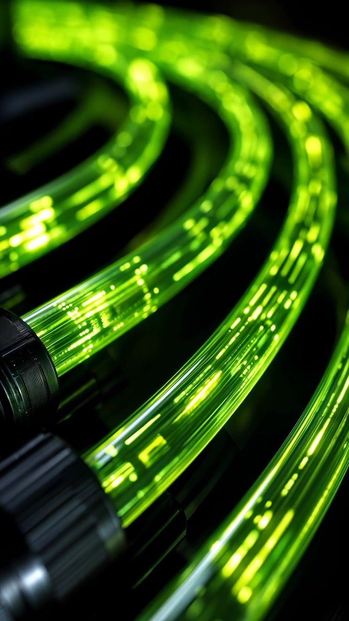 Lavt skråt nærbillede af flere gennemsigtige fiberoptiske rør forbundet til mørke rillede huse, hvert rør internt oplyst med neongrønne punkter og lineære striber, der producerer intens lime.