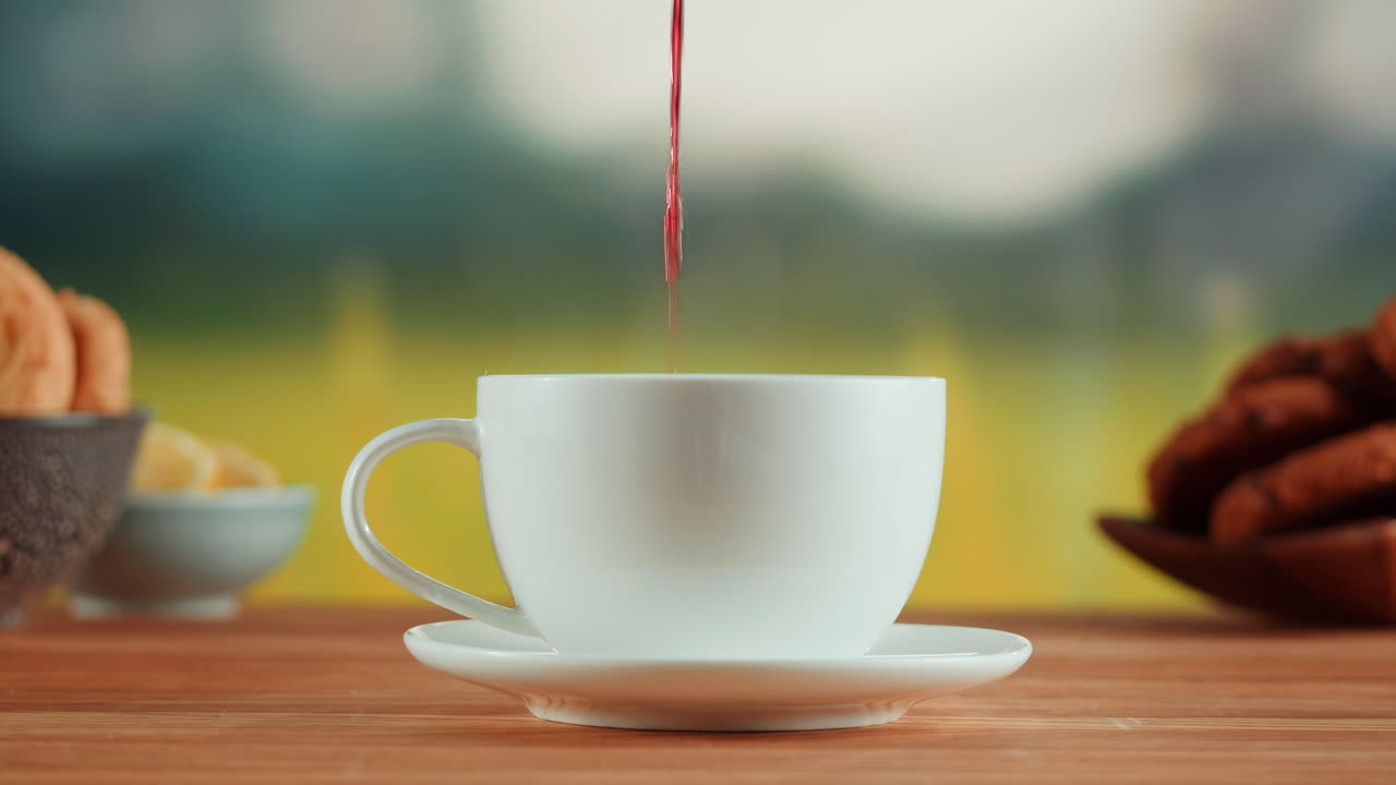 Pouring red tea into a white teacup