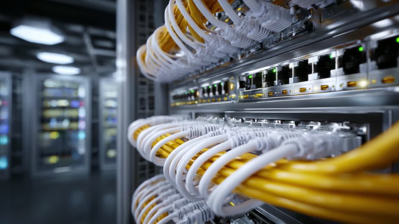 A Close-Up View of Network Cables in a Data Center, Highlighting Their Arrangement and Connectivity to Servers and Networking Equipment at the End of a Video Sequence