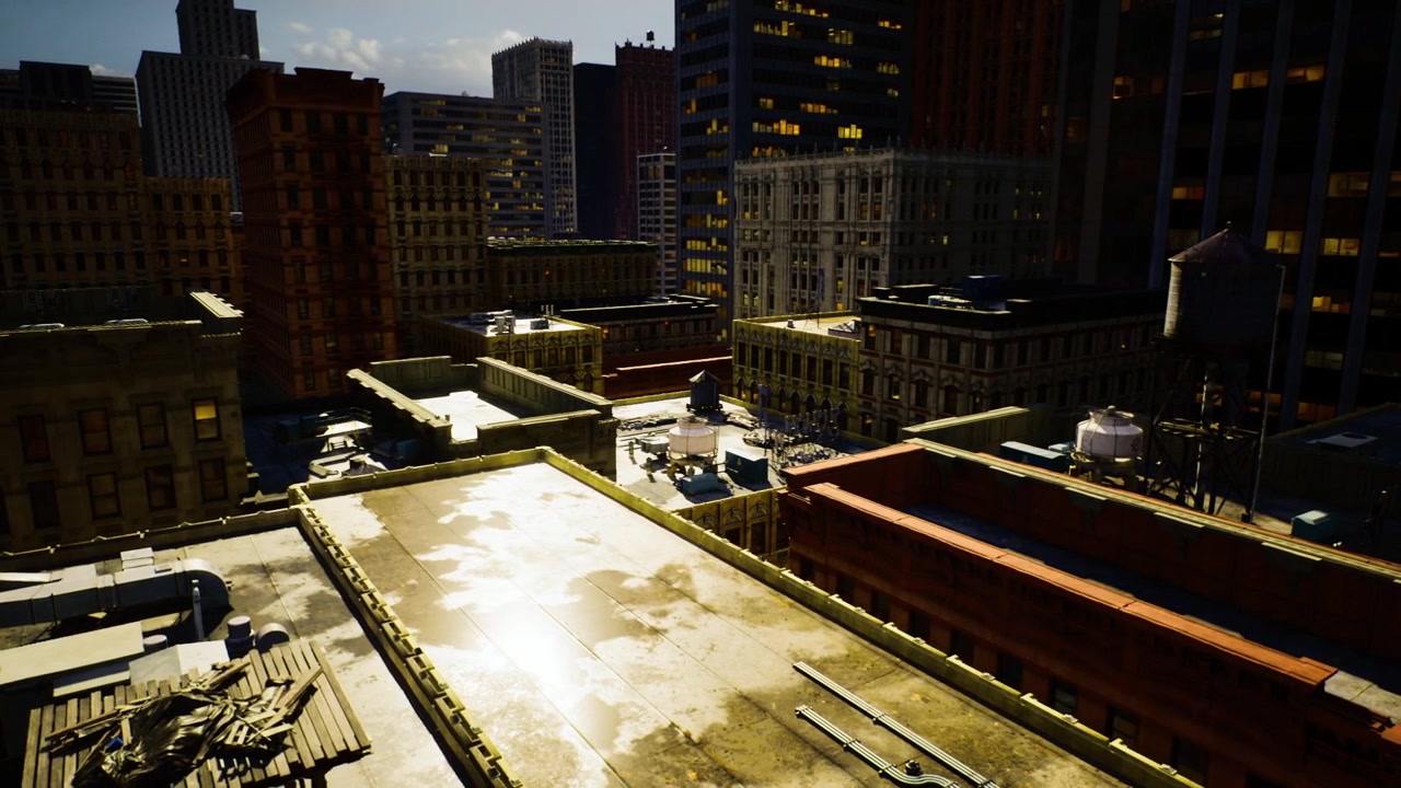 Warm sunlight reflecting on wet surfaces with cityscape backdrop and tools