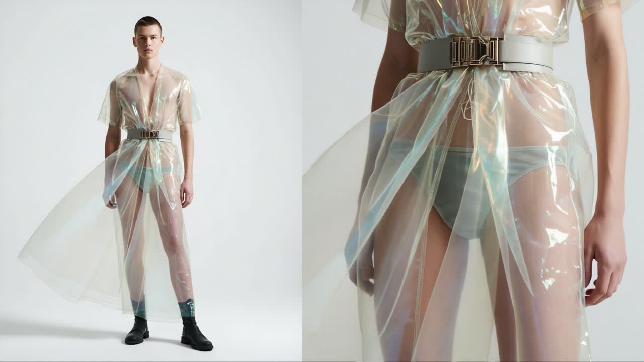 A Bold Fashion Statement: Transparent Ensemble Showcasing Contemporary Style and Unique Design in Sophisticated Attire, Highlighting Freedom of Expression and Individuality