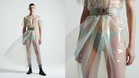 a bold fashion statement: transparent ensemble showcasing contemporary style and unique design in sophisticated attire, highlighting freedom of expression and individuality