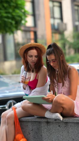 two women drawing outdoors