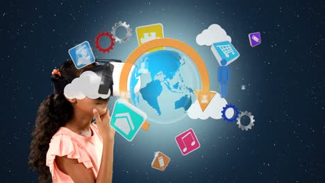 ragazza che usa un auricolare di realtà virtuale con icone generate digitalmente 4k
